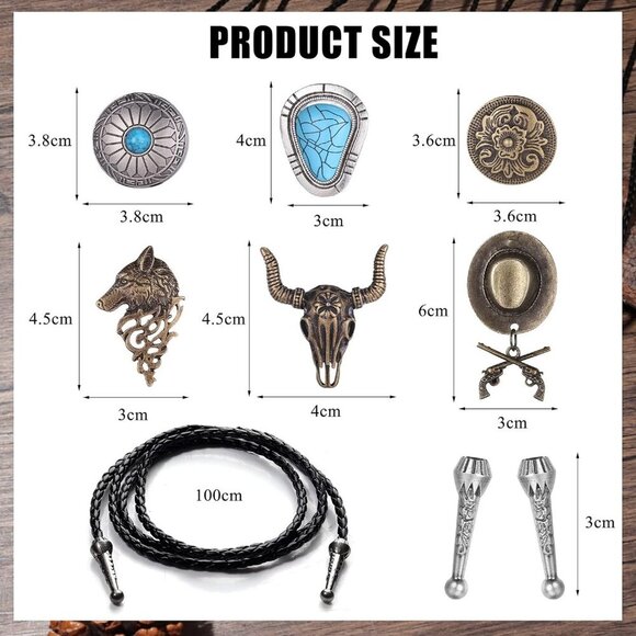 6Pcs Bolo Tie Set for Men, Western Cowboy, Turquoise & Tiger Eye Stone Neck Tie - Picture 2 of 9